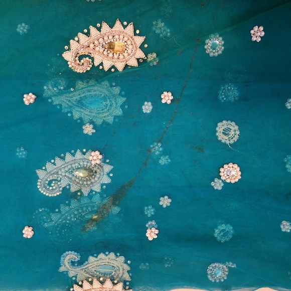 Stunning Emerald Green, Fuchsia & Purple Net Saree with Pearl Embroidery - Picture 4 of 4